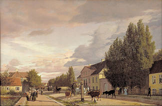 哥本哈根郊外奥斯特布罗的街道景观。晨曦 View of a Street in Østerbro outside Copenhagen. Morning Light (1836)，克里森·科布克