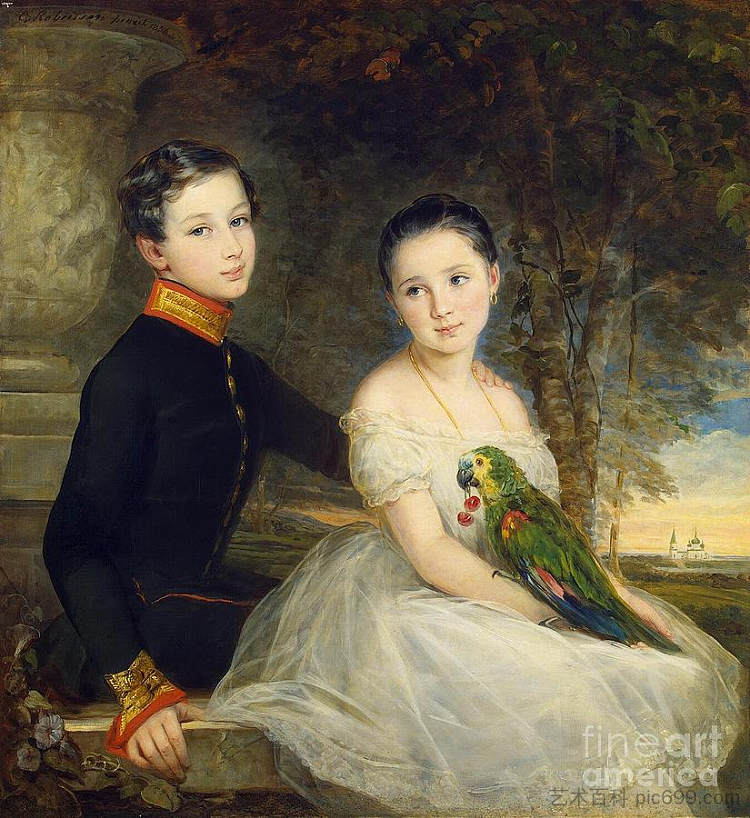 鹦鹉儿童 Children with Parrot (1850; Russian Federation  )，克里斯蒂安那·罗伯特森