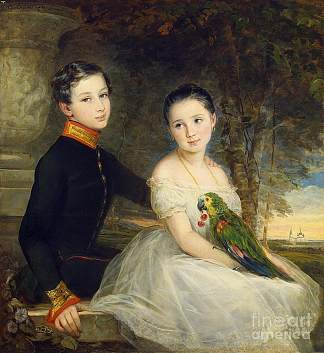 鹦鹉儿童 Children with Parrot (1850; Russian Federation                     )，克里斯蒂安那·罗伯特森