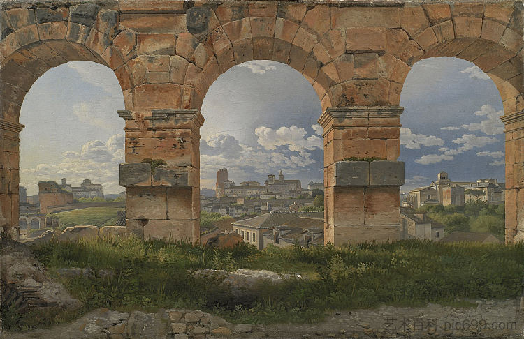 穿过罗马斗兽场第三层的三个拱门的景色 A View through Three Arches of the Third Storey of the Colosseum (1815)，克里斯托弗·威廉·埃克斯贝尔