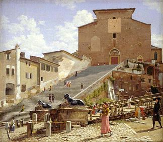 通往罗马阿拉科利圣玛丽亚的大理石楼梯 The Marble Staircase which Leads up to S. Maria in Aracoeli in Rome (1816)，克里斯托弗·威廉·埃克斯贝尔