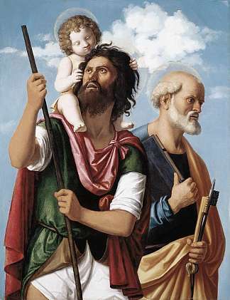 圣克里斯托弗与婴儿基督和圣彼得 St. Christopher with the Infant Christ and St. Peter (c.1505; Italy                     )，西玛·达·科内利亚诺