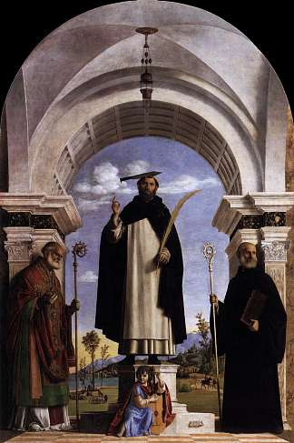 圣彼得殉道者与巴里的圣尼古拉斯，圣本尼迪克特和天使音乐家 St. Peter Martyr with St. Nicholas of Bari, St. Benedict and an Angel Musician (1504; Italy                     )，西玛·达·科内利亚诺