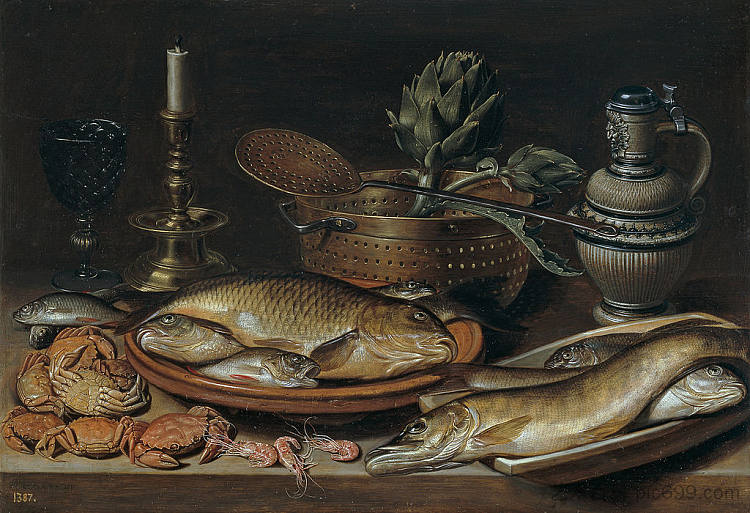 静物与鱼，蜡烛，朝鲜蓟，螃蟹和虾 Still Life with Fish, Candle, Artichokes, Crabs and Shrimp (1611; Belgium  )，克莱拉·佩特斯