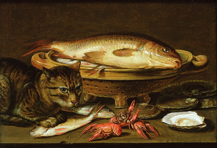 鱼和猫的静物 Still Life of Fish and Cat (c.1620; Belgium  )，克莱拉·佩特斯