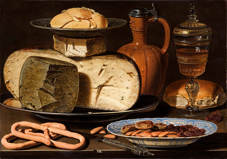 静物与奶酪，杏仁和椒盐脆饼 Still Life with Cheeses, Almonds and Pretzels (1615)，克莱拉·佩特斯