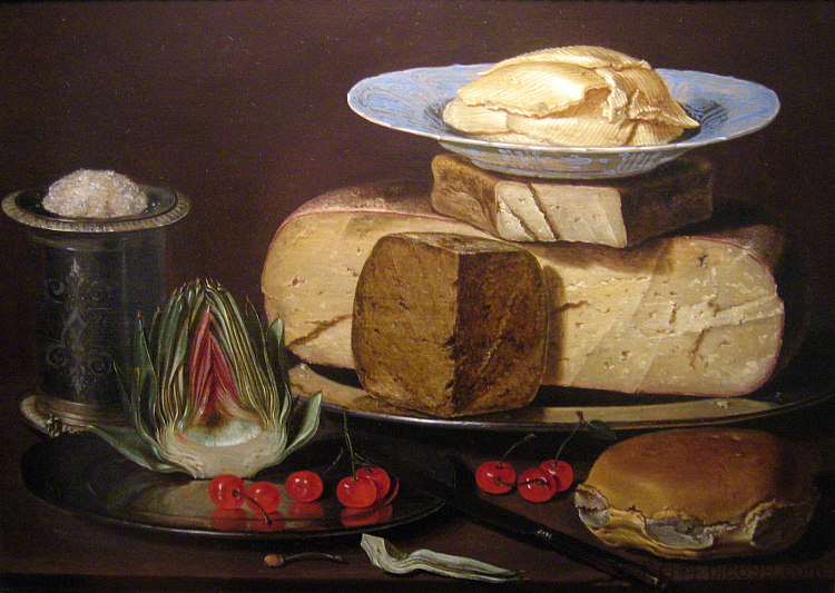 静物与奶酪，朝鲜蓟和樱桃 Still Life with Cheeses, Artichoke, and Cherries (1625)，克莱拉·佩特斯