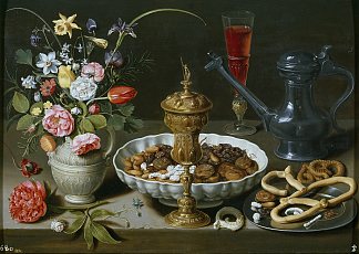 静物与坚果，糖果和鲜花 Still Life with Nuts, Candy and Flowers (1611)，克莱拉·佩特斯