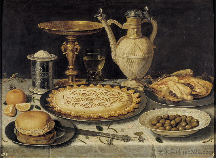 桌子与橙子，橄榄和馅饼 Table with Orange, Olives and Pie (1611)，克莱拉·佩特斯