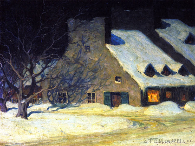 街景，魁北克之夜 Street Scene, Quebec at Night (1917)，克拉伦斯·加格诺