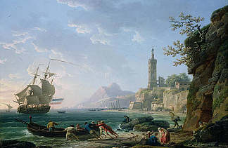 地中海沿岸景观与海湾中的荷兰商人 A Coastal Mediterranean Landscape with a Dutch Merchantman in a Bay (1769)，克洛德·约瑟夫·韦尔内
