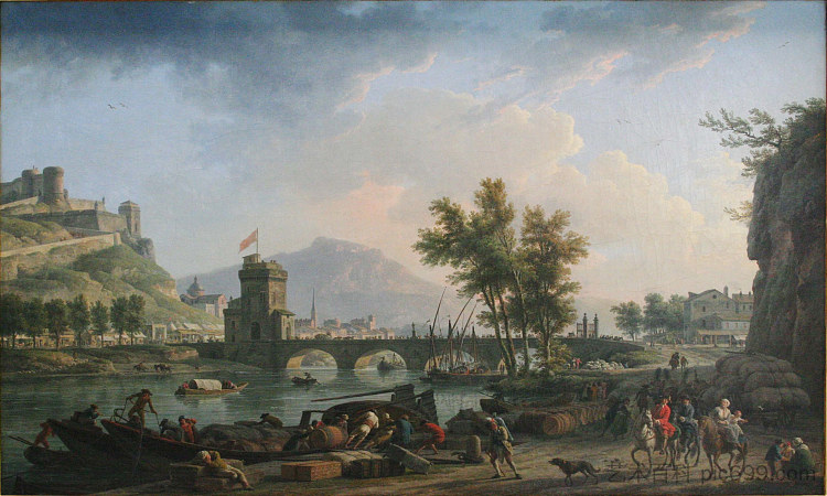 集市的周围环境。 Les Abords D'une Foire. (1774),克洛德·约瑟夫·韦尔内