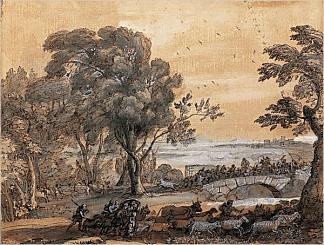 海岸场景与桥上的战斗 Coast scene with a battle on a bridge (c.1655)，克劳德·洛兰
