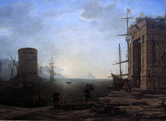 日出时的海港景观 Harbour view at sunrise (c.1637)，克劳德·洛兰