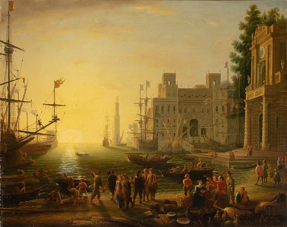 美第奇别墅的港口场景 A Port Scene with the Villa Medici，克劳德·洛兰