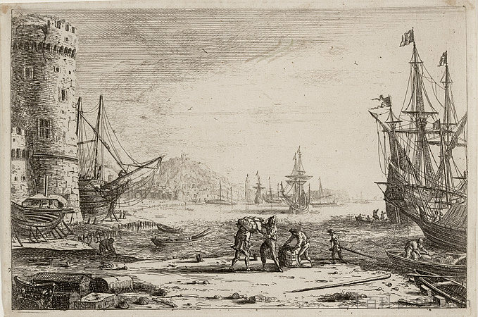 有一座大塔的海港 Seaport with a big tower (c.1639)，克劳德·洛兰