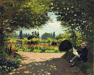 阿道夫·莫奈在花园里阅读 Adolphe Monet Reading in the Garden (1866)，克劳德·莫奈