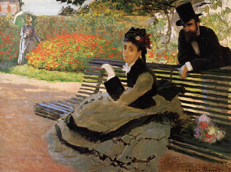 花园长椅上的卡米尔·莫奈 Camille Monet on a Garden Bench (1873)，克劳德·莫奈