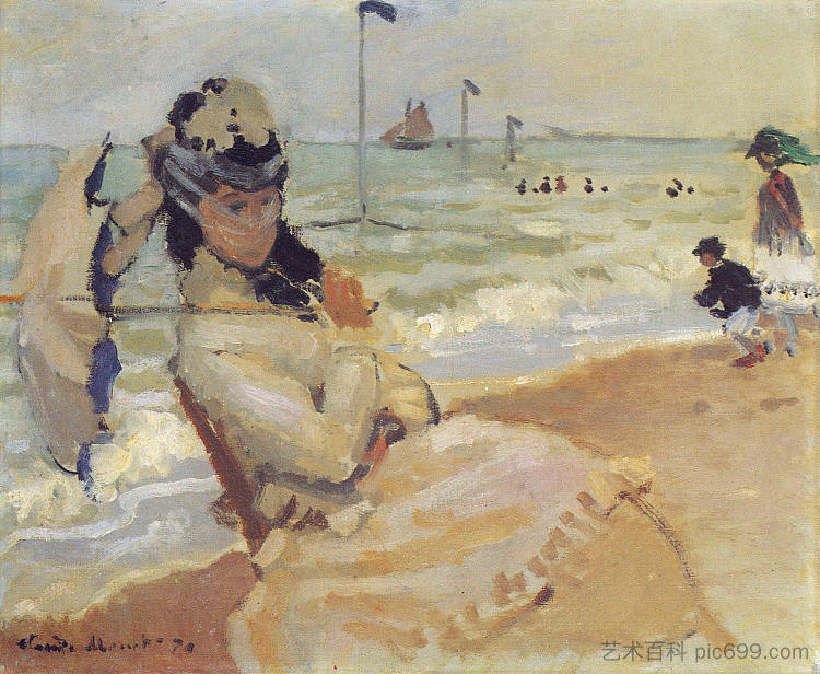 卡米尔在特鲁维尔海滩上 Camille on the Beach at Trouville (1870)，克劳德·莫奈