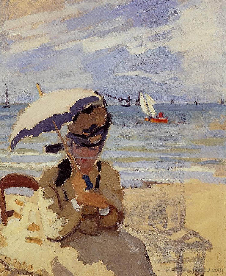 卡米尔坐在特鲁维尔的海滩上 Camille Sitting on the Beach at Trouville (1870 - 1871)，克劳德·莫奈