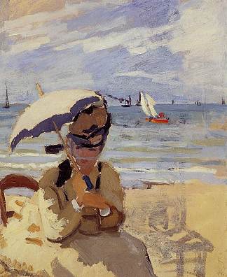 卡米尔坐在特鲁维尔的海滩上 Camille Sitting on the Beach at Trouville (1870 – 1871)，克劳德·莫奈