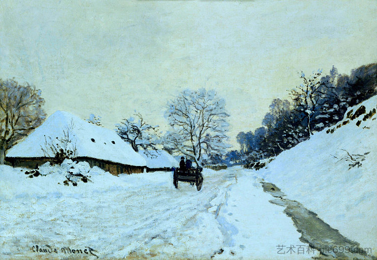 雪皑皑的道路上的手推车与圣西缅农场 Cart on the Snow Covered Road with Saint-Simeon Farm (1865),克劳德·莫奈