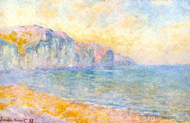 早上，波维尔的悬崖 Cliffs at Pourville, Morning (1897)，克劳德·莫奈