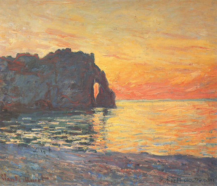 埃特里塔，达瓦尔悬崖，日落 Etretat, Cliff of d`Aval, Sunset (1885)，克劳德·莫奈