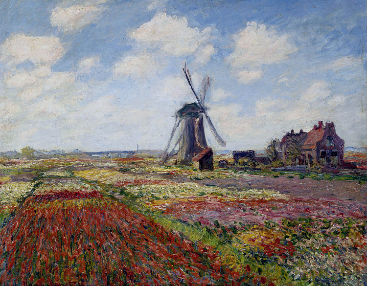 郁金香田和Rijnsburg风车 Fields of Tulip With The Rijnsburg Windmill (1886)，克劳德·莫奈