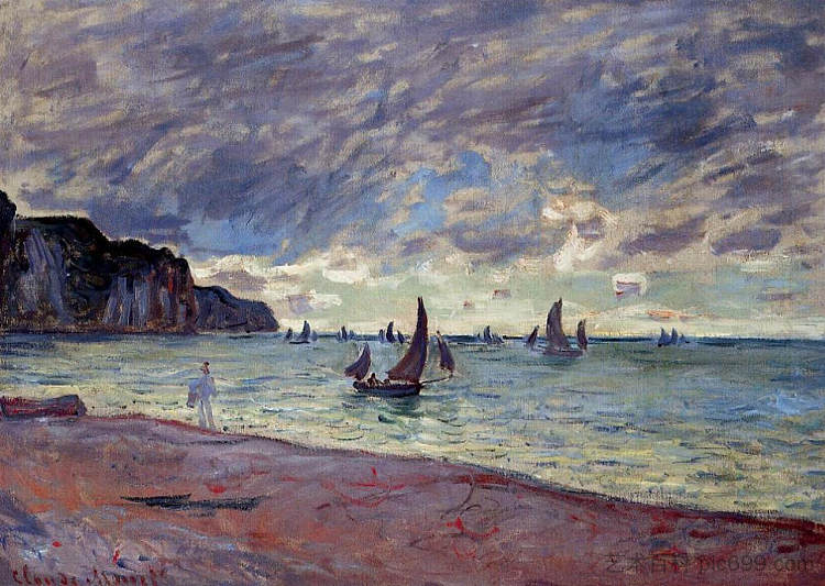 海滩和普维尔悬崖上的渔船 Fishing Boats by the Beach and the Cliffs of Pourville (1882)，克劳德·莫奈