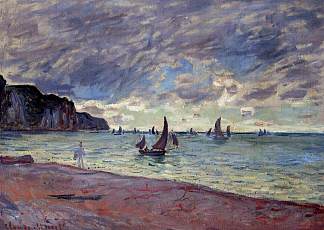 海滩和普维尔悬崖上的渔船 Fishing Boats by the Beach and the Cliffs of Pourville (1882)，克劳德·莫奈