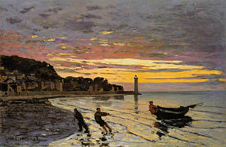 拖船上岸，翁弗勒尔 Hauling a Boat Ashore, Honfleur (1864)，克劳德·莫奈