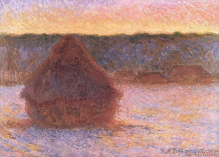 日落时的干草堆，霜冻的天气 Haystacks at Sunset, Frosty Weather (1891; Giverny,France  )，克劳德·莫奈