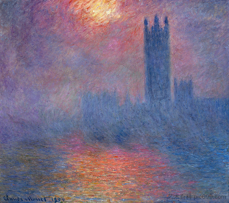 英国议会大厦，伦敦，《阳光突围 Houses of Parliament, London, Sun Breaking Through (1904)，克劳德·莫奈