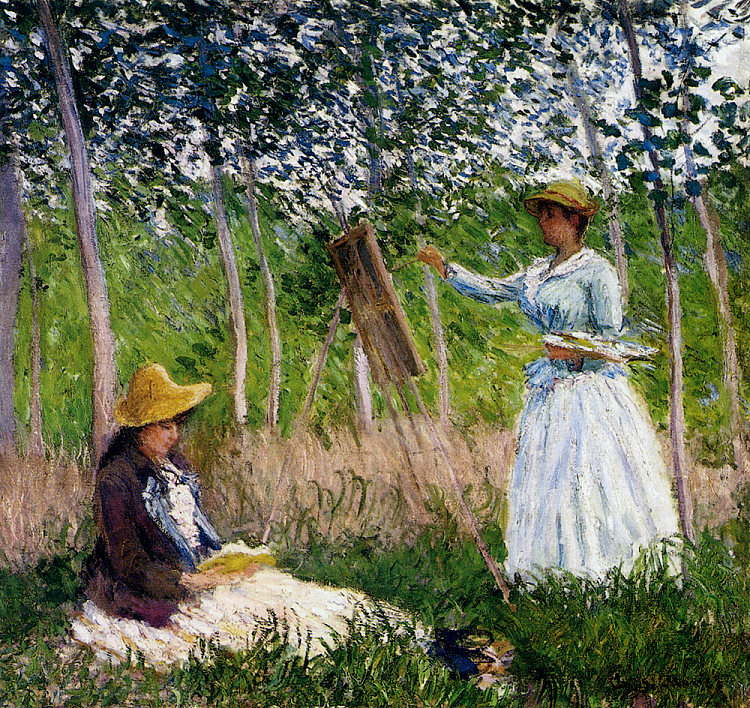 在吉维尼·布兰奇·霍斯赫德的树林里 In The Woods At Giverny Blanche Hoschede (1887)，克劳德·莫奈