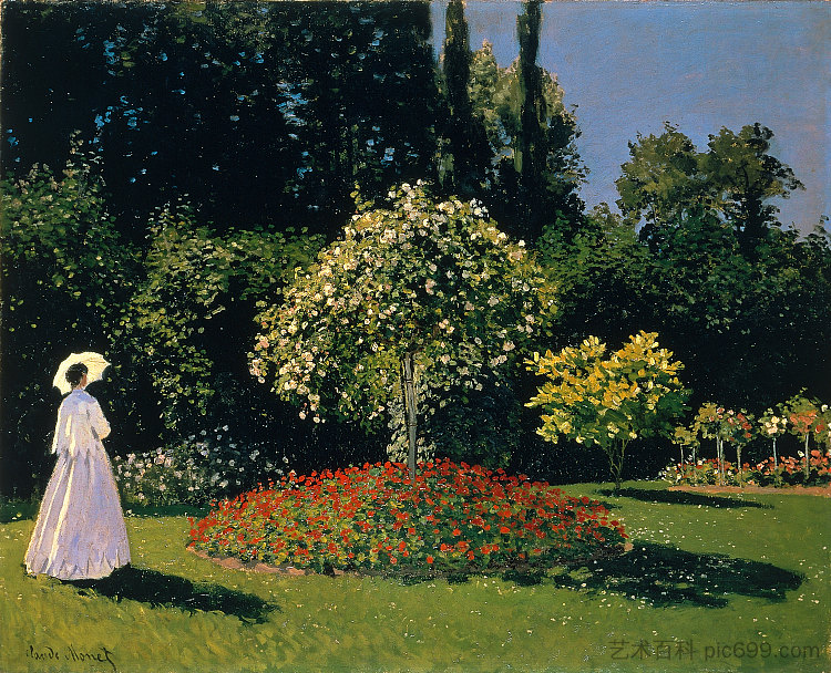 花园里的珍妮-玛格丽特·勒卡德雷 Jeanne-Marguerite Lecadre in the Garden (1866)，克劳德·莫奈