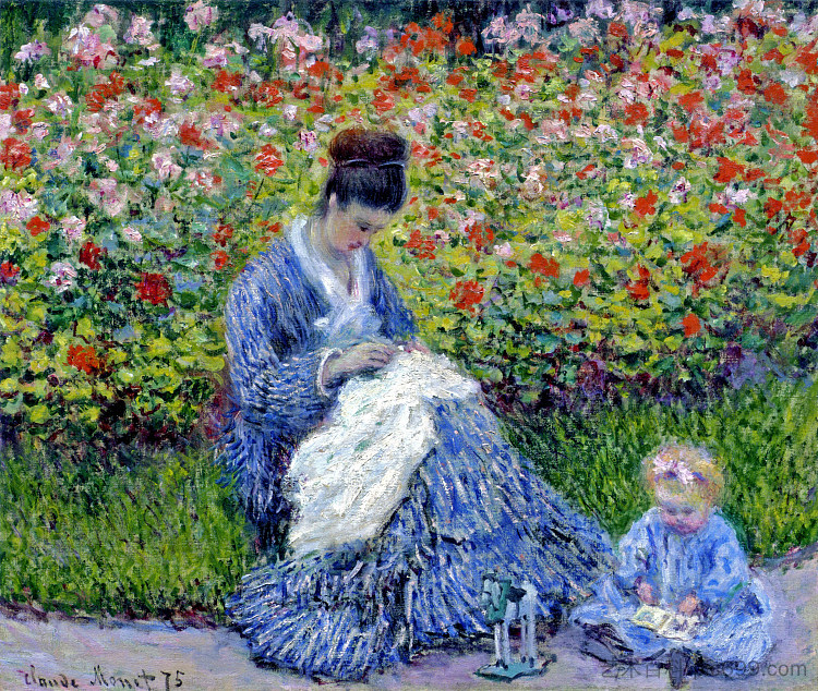 卡米尔·莫奈和一个孩子在阿让特伊的艺术家花园里 Camille Monet and a Child in the Artist’s Garden in Argenteuil (1875)，克劳德·莫奈