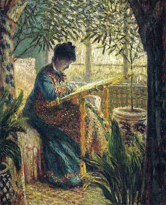 莫奈夫人刺绣 Madame Monet Embroidering (1875)，克劳德·莫奈