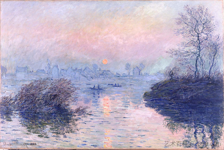 拉瓦库尔塞纳河上的日落，冬季效应 Sunset on the Seine at Lavacourt, Winter Effect (1880; France  )，克劳德·莫奈