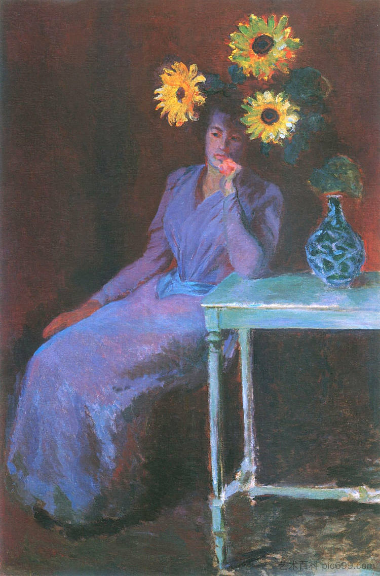 苏珊娜·霍斯德与向日葵的肖像 Portrait of Suzanne Hoschede with Sunflowers (1890)，克劳德·莫奈