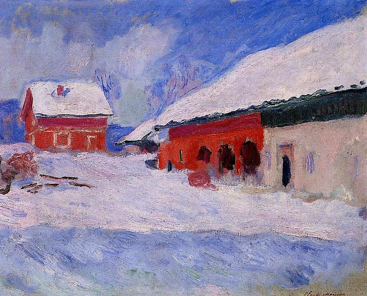 挪威比约内加德雪地里的红房子 Red Houses at Bjornegaard in the Snow, Norway (1895)，克劳德·莫奈