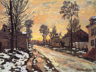 卢浮宫的道路， 融雪， 日落 Road at Louveciennes, Melting Snow, Sunset (1870)，克劳德·莫奈