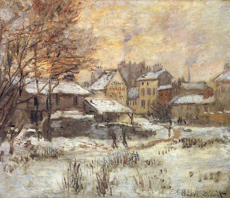 雪景效果与夕阳 Snow Effect with Setting Sun (1875)，克劳德·莫奈