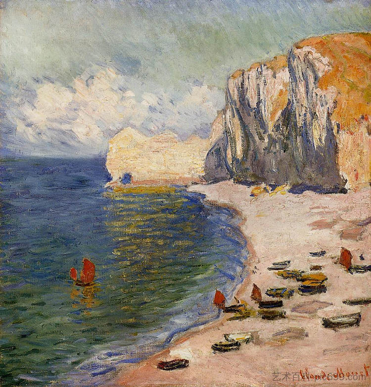 海滩和阿蒙法莱斯 The Beach and the Falaise d'Amont (1885)，克劳德·莫奈