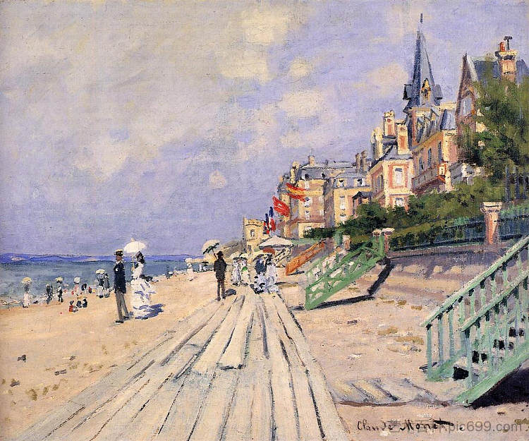 特鲁维尔的木板路 The Boardwalk at Trouville (1870)，克劳德·莫奈