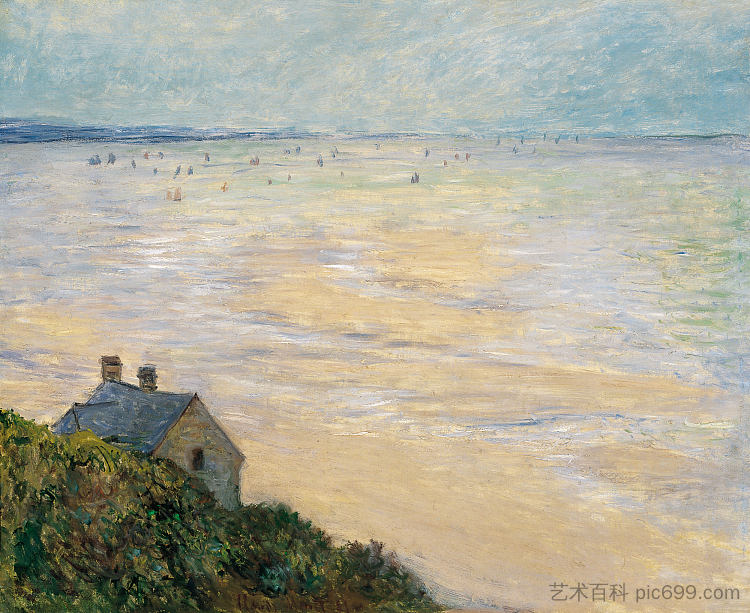 特鲁维尔的小屋，退潮 The Hut at Trouville, Low Tide (1881)，克劳德·莫奈