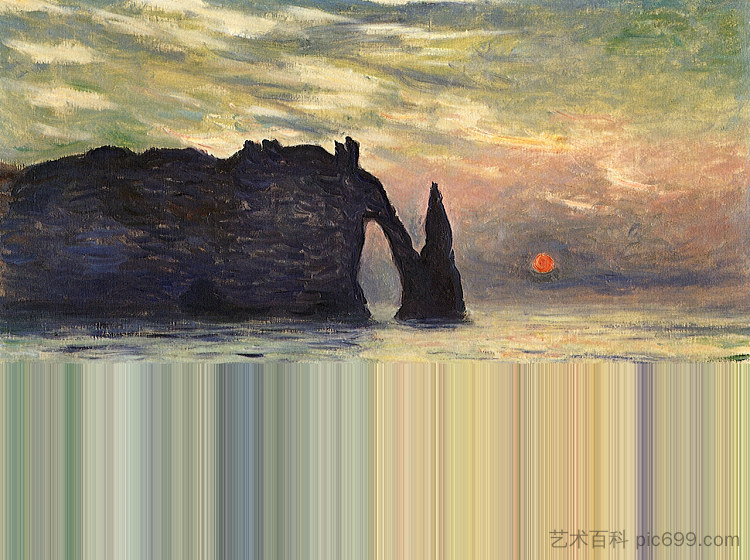 曼内波特，埃特雷塔特悬崖，日落 The Manneport, Cliff at Etretat, Sunset (1883)，克劳德·莫奈