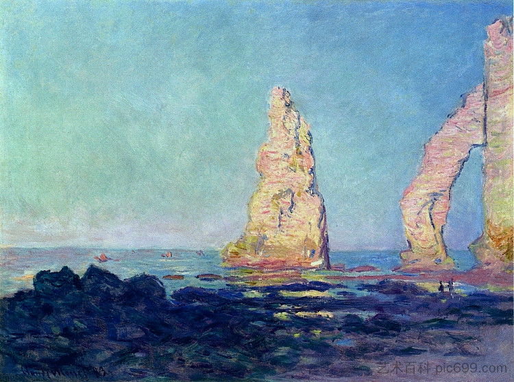 埃特雷塔特之针，退潮 The Needle of Etretat, Low Tide (1883)，克劳德·莫奈