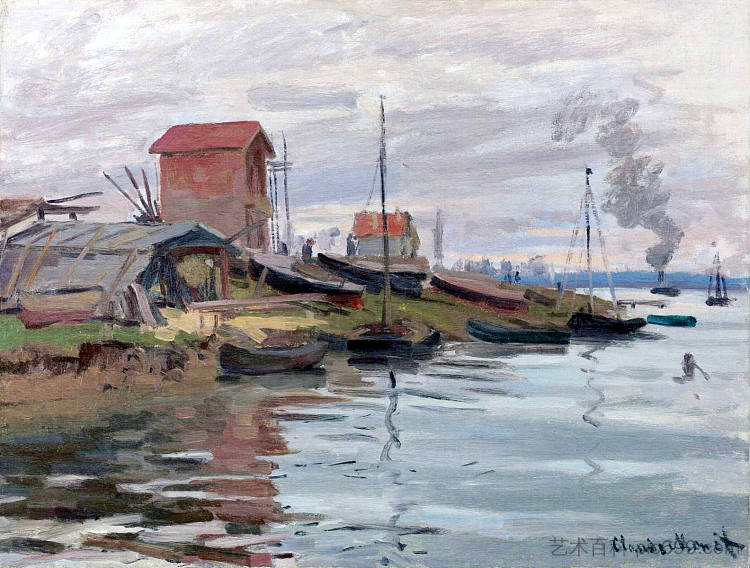 小热讷维耶的塞纳河 The Seine at Petit-Gennevilliers (1872)，克劳德·莫奈