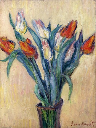 郁金香花瓶 Vase of Tulips (1885)，克劳德·莫奈